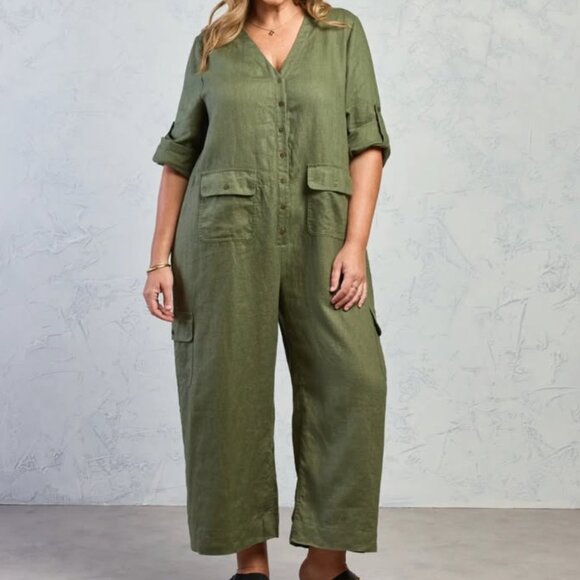 Linen Green Jumpsuit Mara Nomad the Label Size Large - New With Tags Romper - Picture 1 of 4